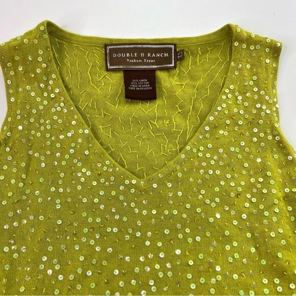 Double D Ranch Sequin Tank Top Linen Knit Blend Sleeveless V-Neck Green XS - Picture 2 of 9